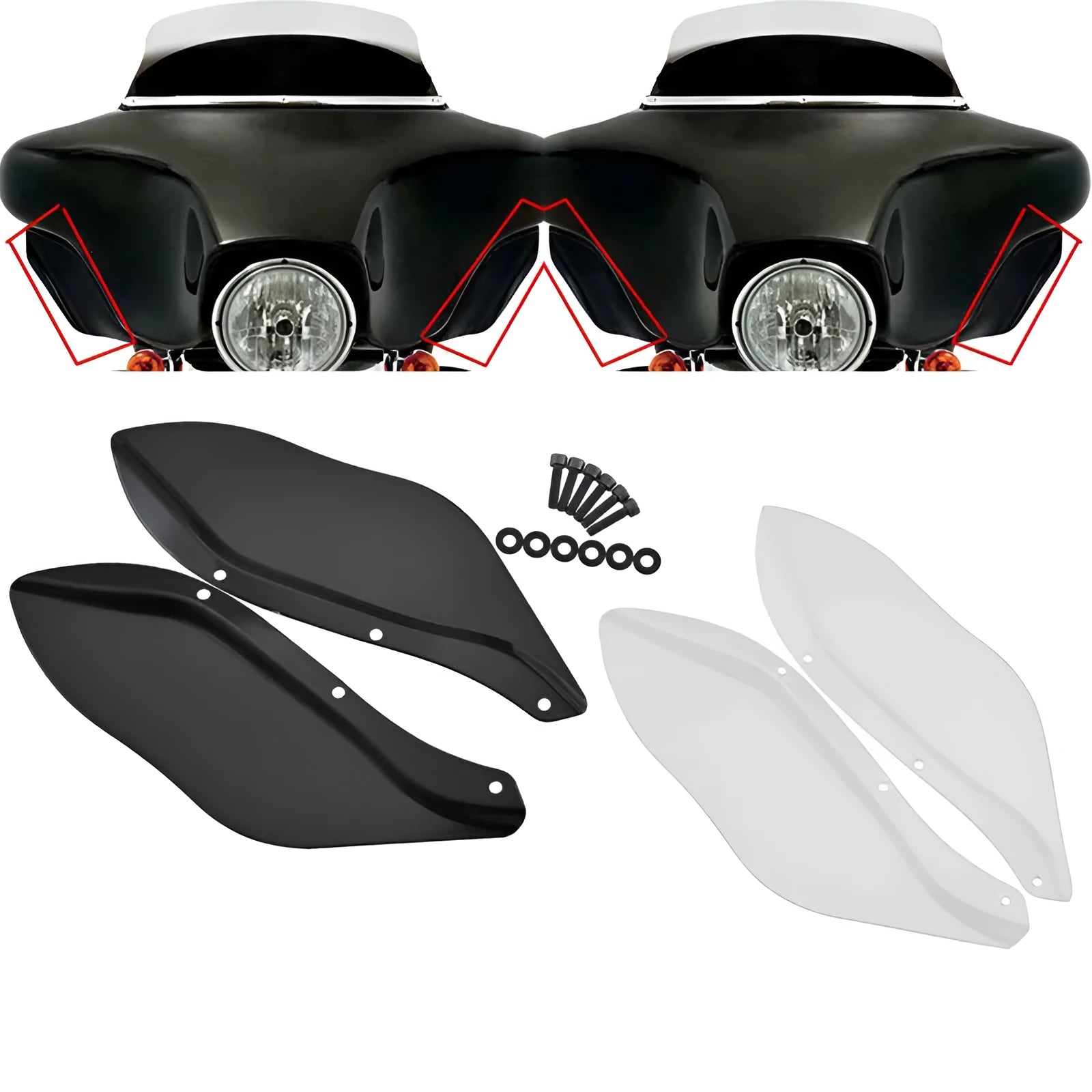 Harley Davidson motorcycle side wing head covers in black and transparent options for Touring models