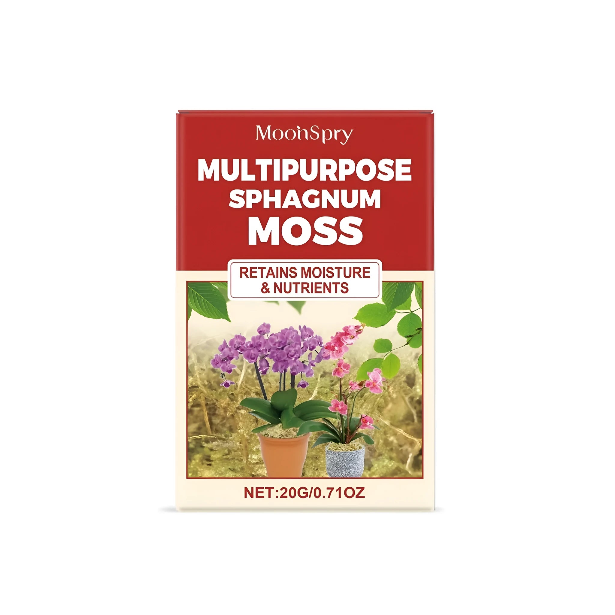 Natural sphagnum moss in 20g bag for plant potting and terrarium substrates