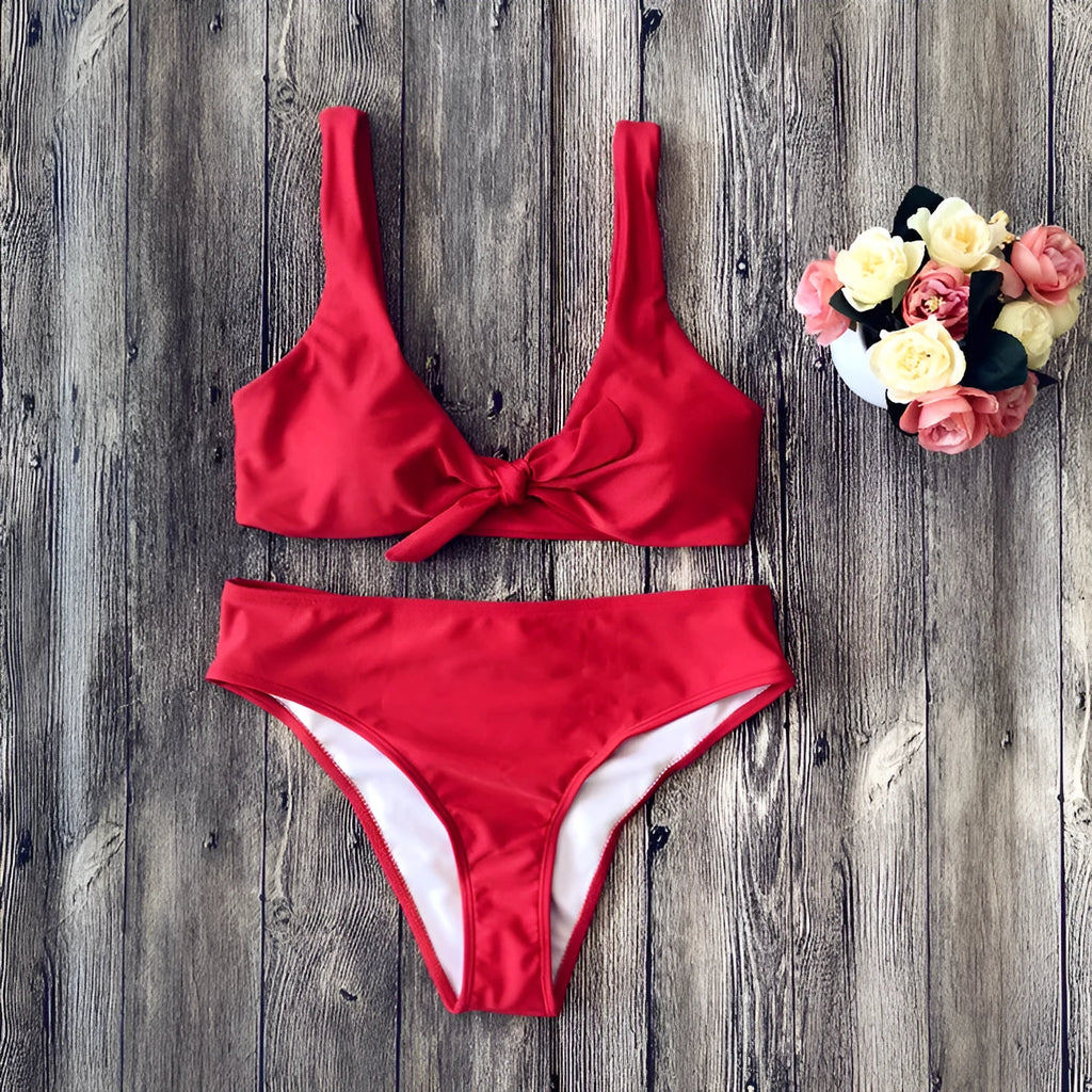 Solid colour polyester bikini swimsuit set on a white background