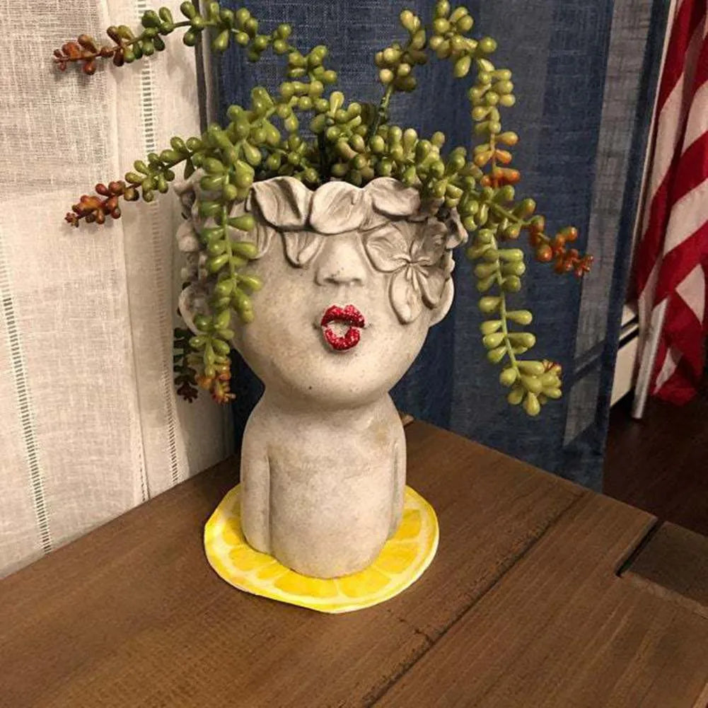Resin flower pot with face modelling in picture colour for indoor or outdoor plant display