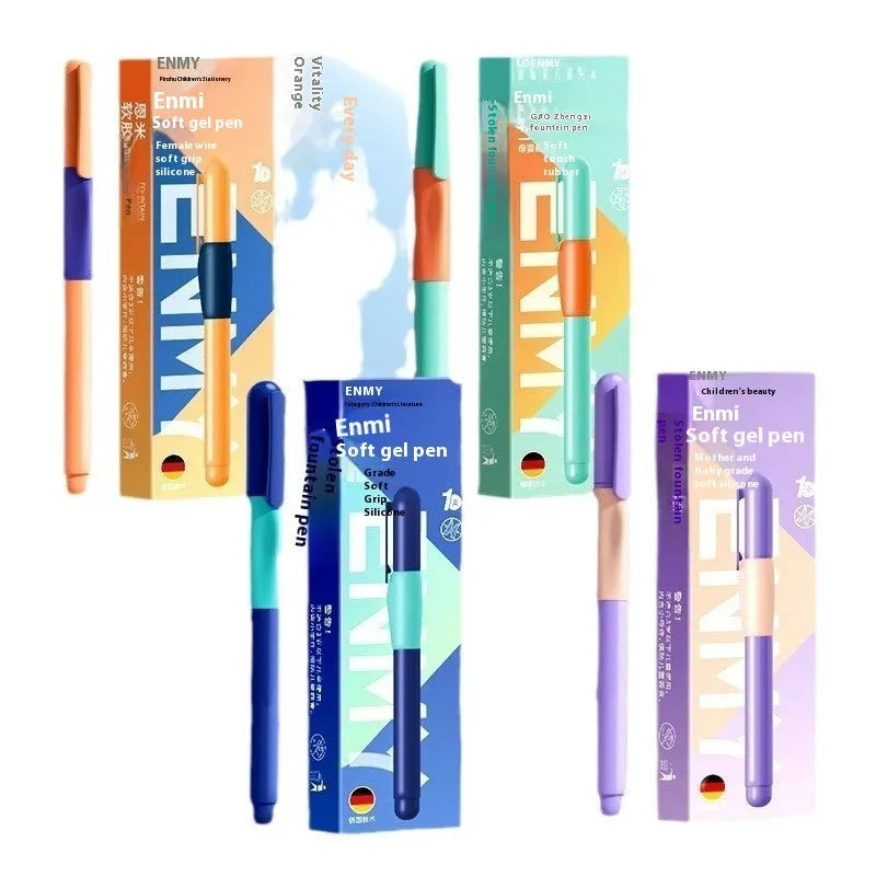 Blue plastic student posture correction pen with ergonomic grip on a white background.