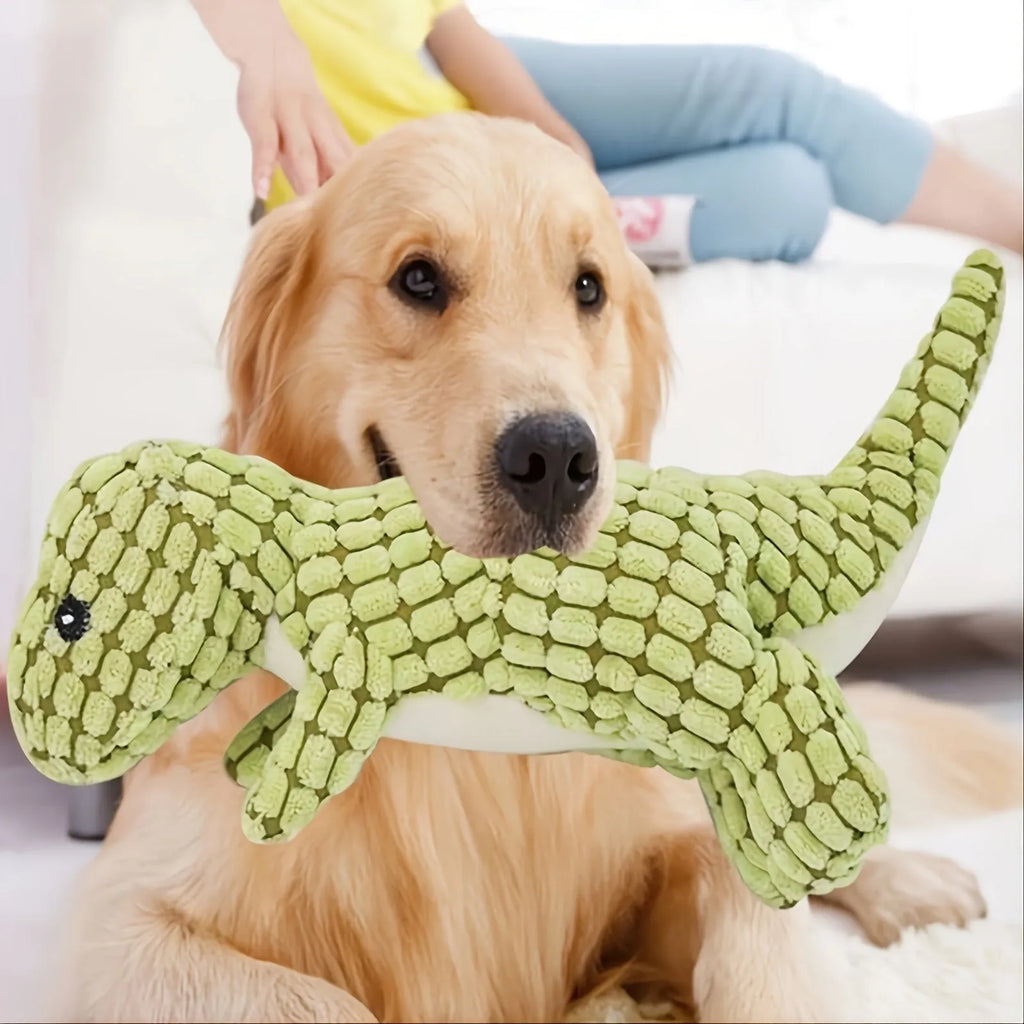 Grey, green and orange dog toys with sound features for bite resistant chewing measuring 35cm
