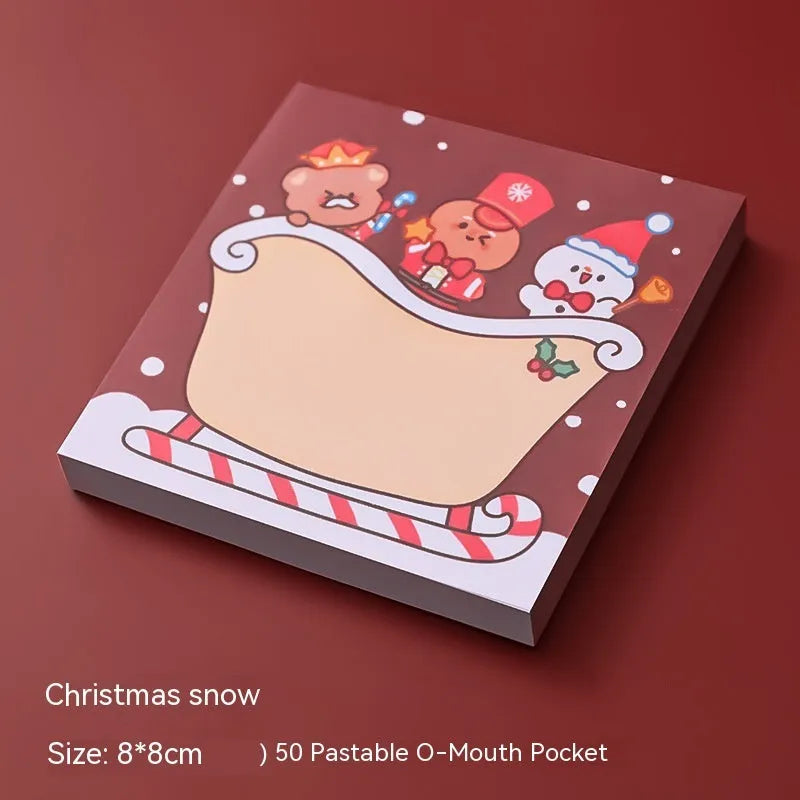 Set of cartoon Christmas sticky notes with 8 designs including Santa, Elf, Reindeer, and Snowman on a white background