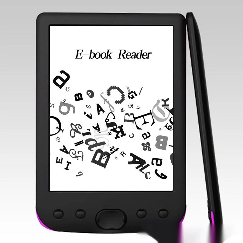 Black 6-inch E-ink screen e-book reader showing book page display