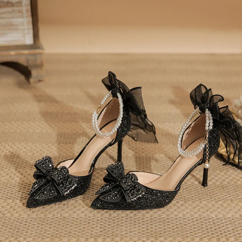 Two-way outdoor sandals, black, stiletto heel 6cm, pointed toe, rubber sole, low-top design