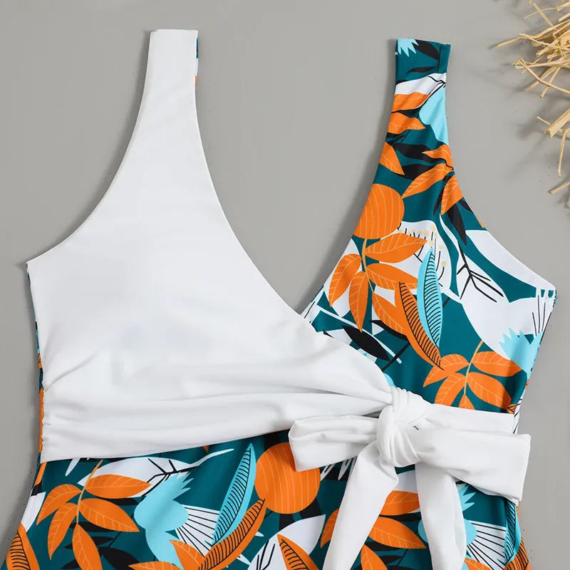 Women's high-waisted printed one-piece bikini with quick-dry lining for swimming