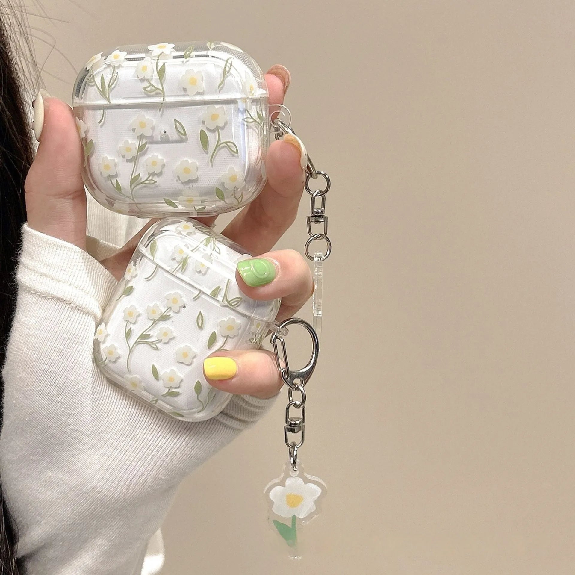 White floral pattern on clear TPU protective case for Apple AirPods
