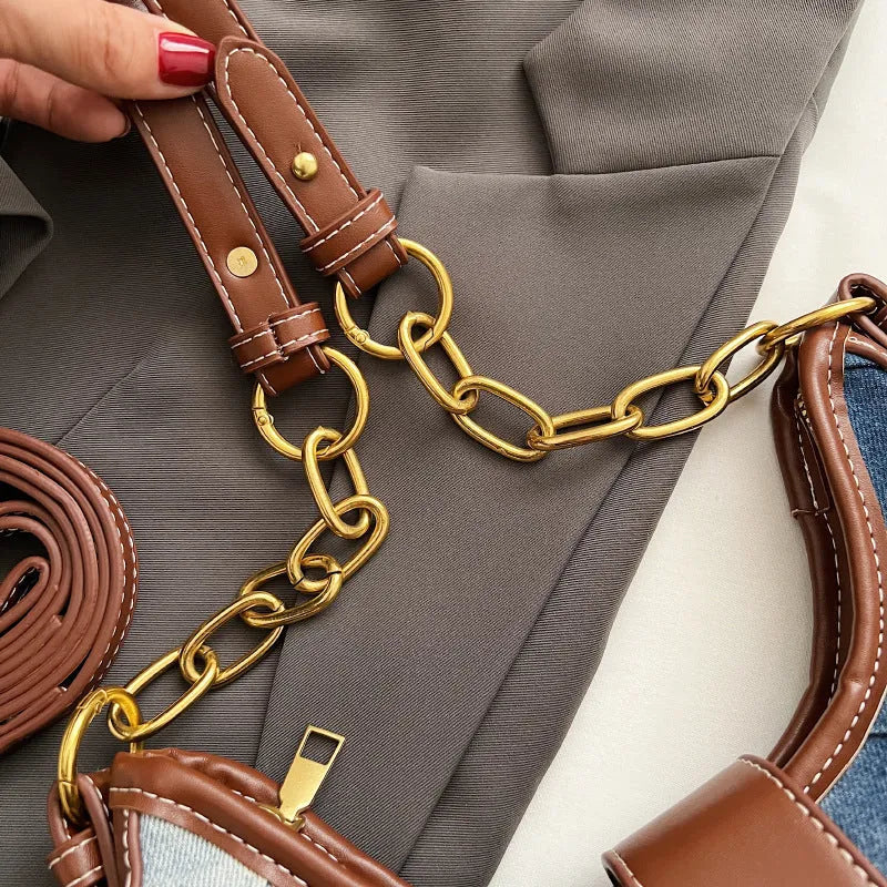 Brown denim women's shoulder bag with diamond chain design and phone compartment