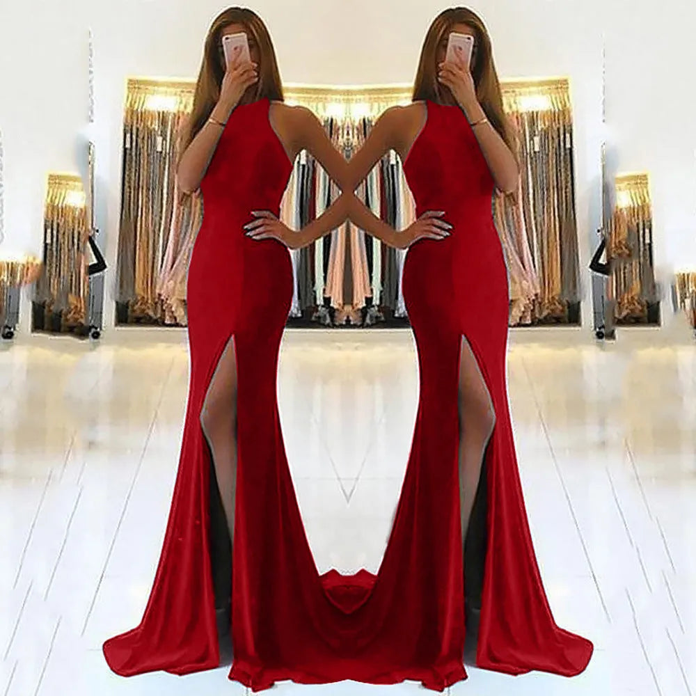 Long red knitted evening dress with high waist, swing skirt and hollow detailing