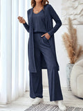 Blue women's three-piece suit set showing long cardigan, trousers, and sling top