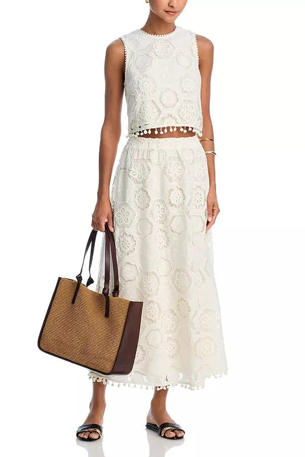 White women's sleeveless top and long skirt suit with retro embroidery decoration