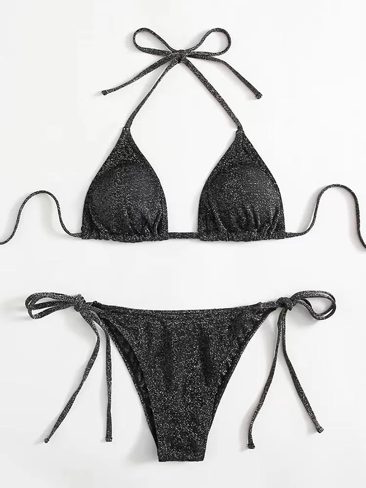 Women's split bandage bikini swimsuit in polyester fabric showing colour options and size range