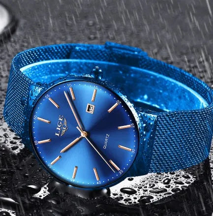 Men's stainless steel watch with 40mm case showing all black, all blue and black blue colour options