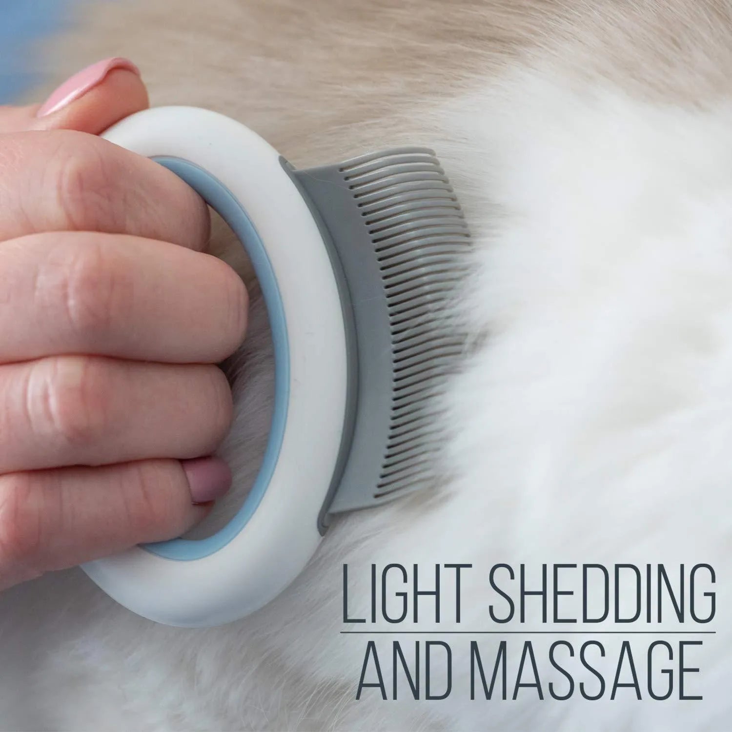 Blue plastic pet grooming comb with soft teeth and an ergonomic handle on a white background.