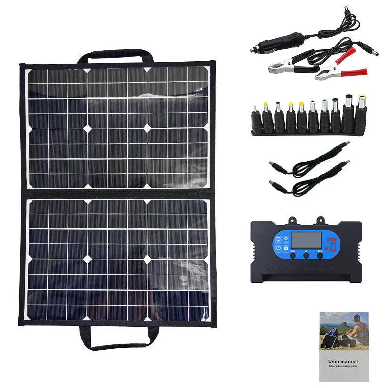 Black 40W single crystal solar panel in a folding bag, shown folded to compact size for portable charging.