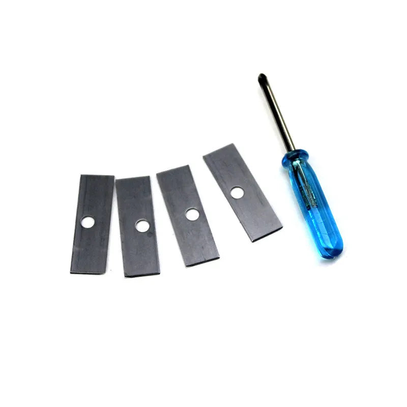 Geometric plastic pencil sharpener with four holes and included screwdriver tool on white background.