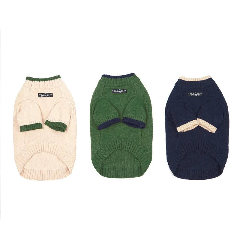 British-style two-legged wool pet sweater in Crown Blue on a dog model