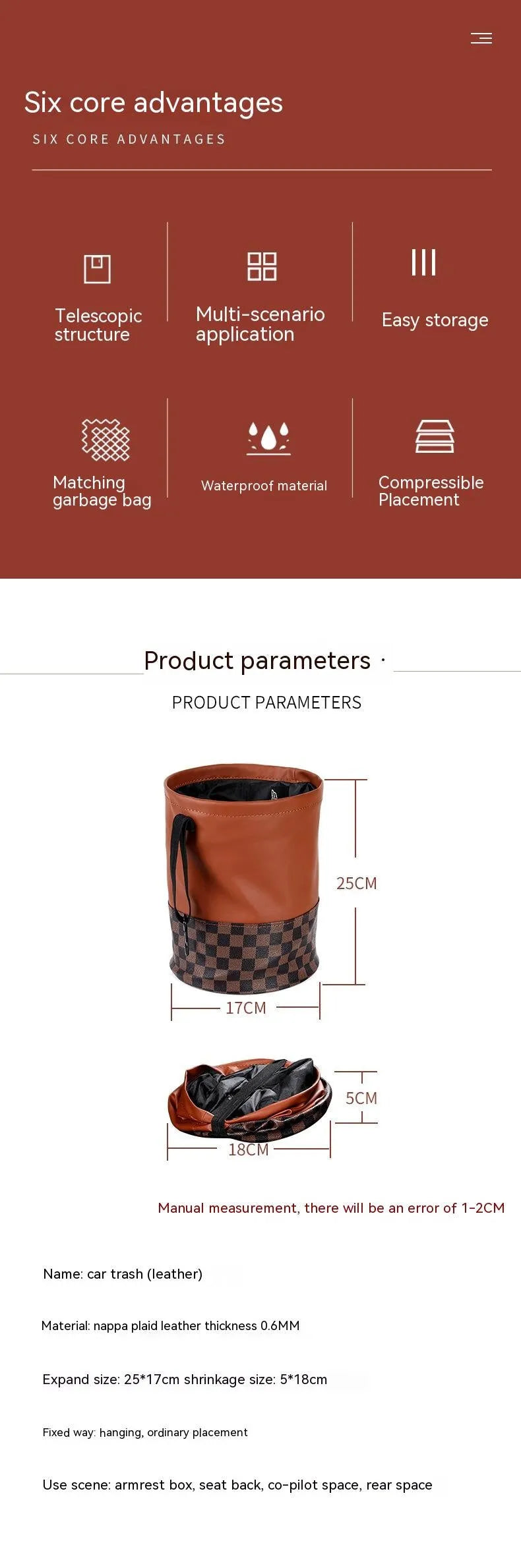 Leather retractable car trash can shown folded and unfolded, with waterproof construction and carrying handle