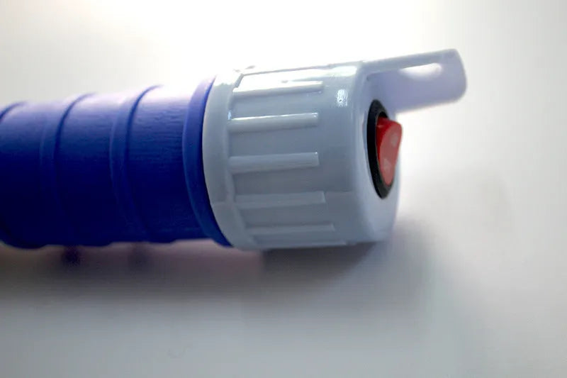 Blue manual hand siphon pump for transferring gasoline and oil.
