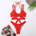Women's solid colour bikini swimsuit with adjustable ties on the triangle top and brief bottoms.