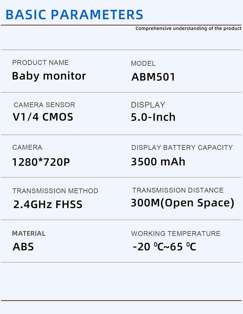 HD wireless baby monitor white with 5.0-inch 720p LCD screen, cry detection, and 3500mAh battery