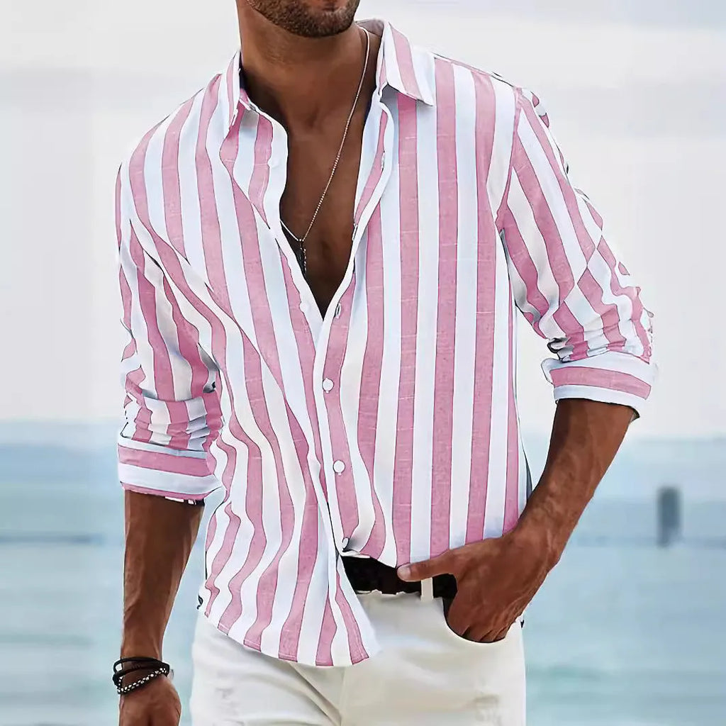Man wearing a light grey and black striped loose-fit long sleeve casual shirt, British cardigan style.
