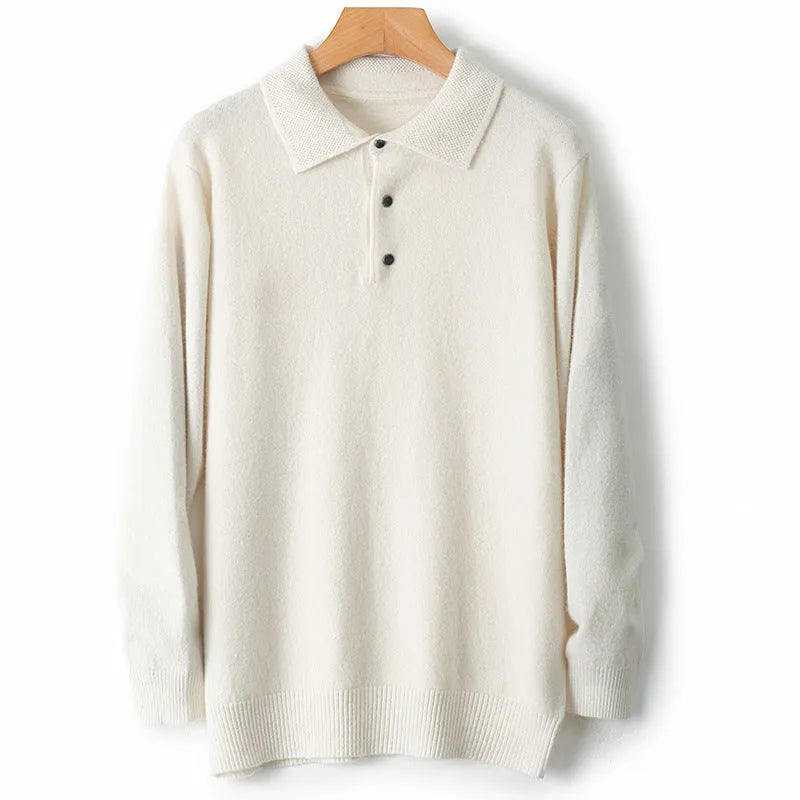 Men's grey wool pullover sweater with a polo collar and long sleeves showcasing collage stitching detail.