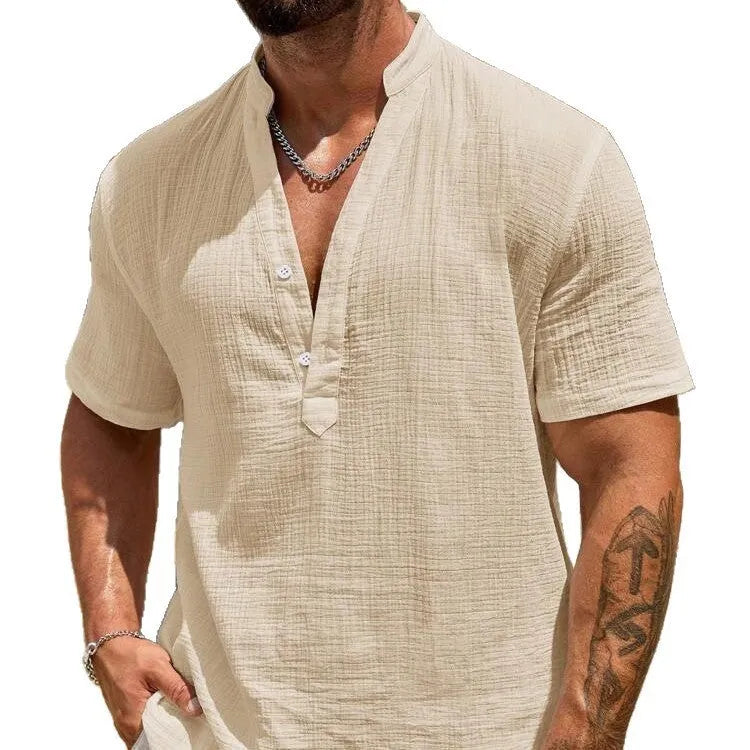 Men's solid colour stand collar short-sleeved shirt in polyester blend fabric for summer wear
