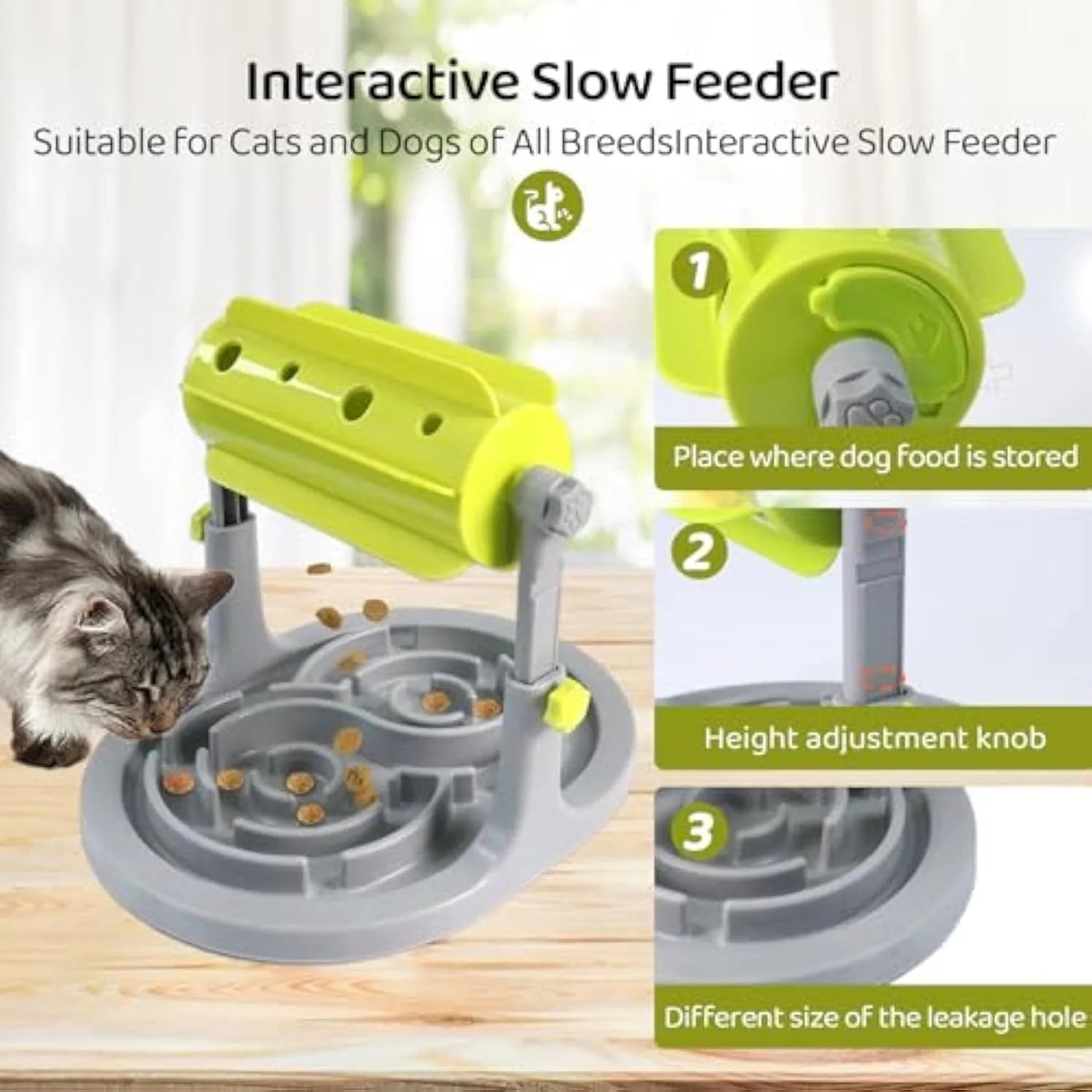 Blue interactive pet slow feeder puzzle bowl with adjustable height and raised patterns