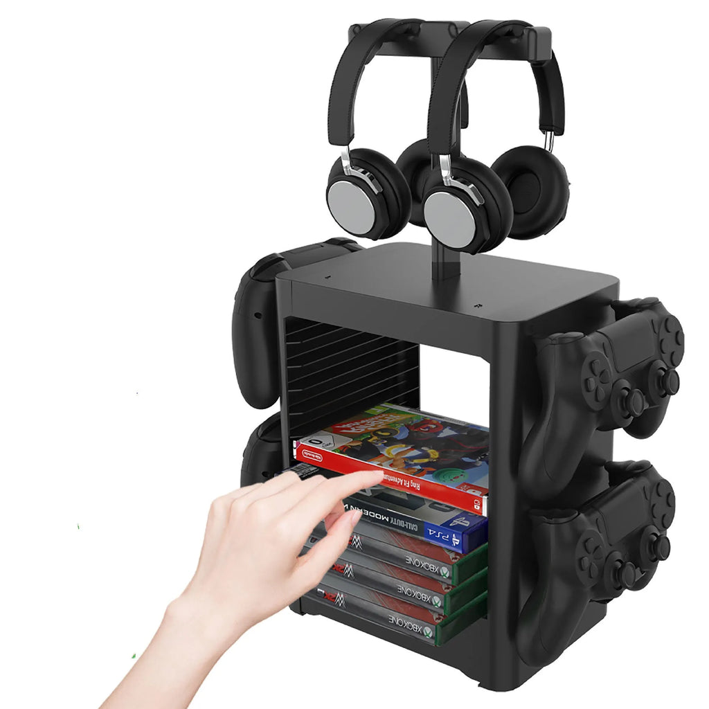 Black ABS game console storage rack with drawer and controller hangers for PS5 Xbox Switch