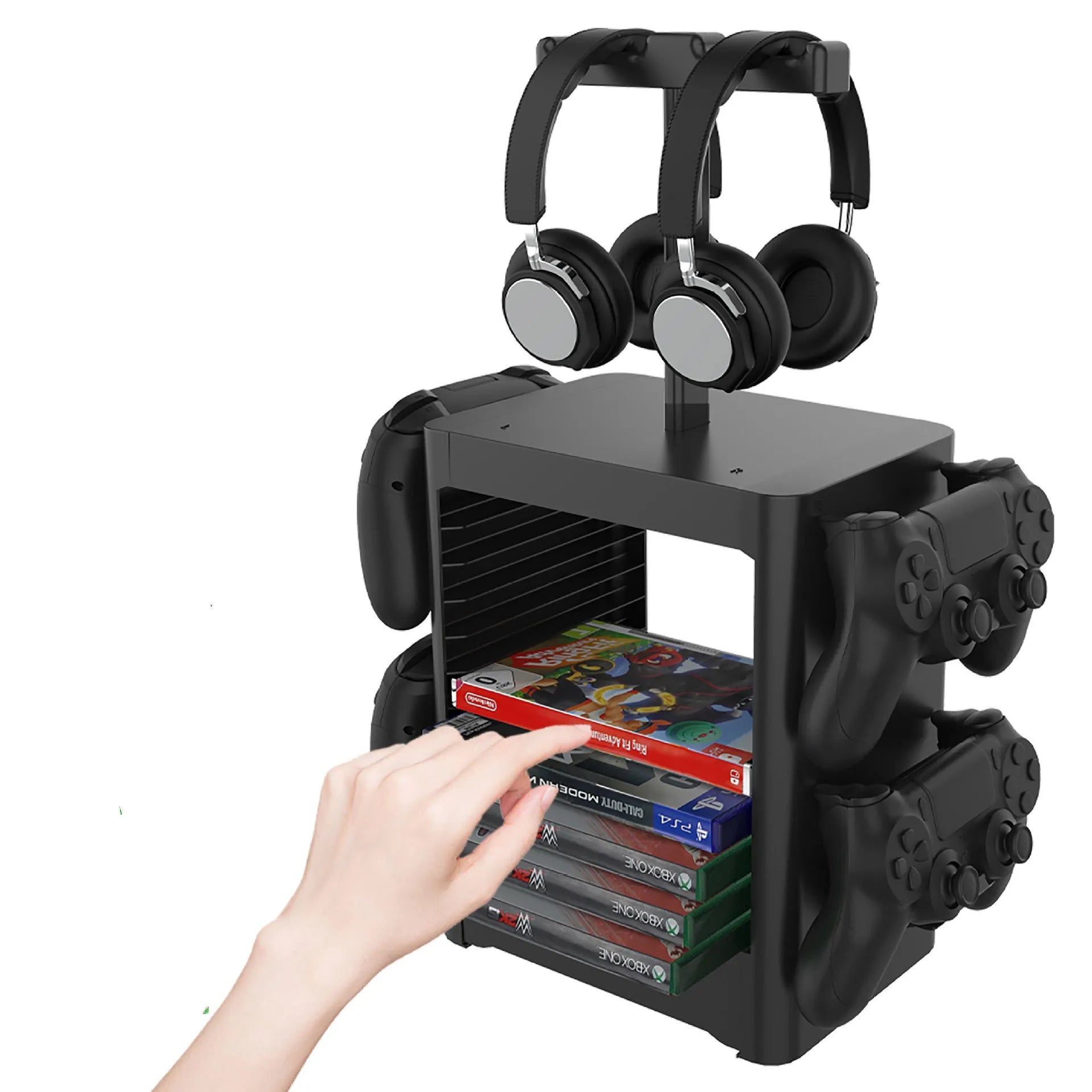 Black ABS game console storage rack with drawer and controller hangers for PS5 Xbox Switch