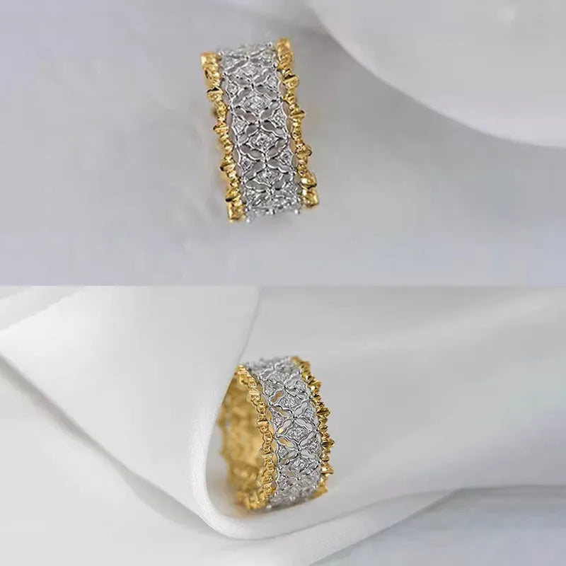 Two-tone gold colour geometric ring with a round zircon stone, showing front detail