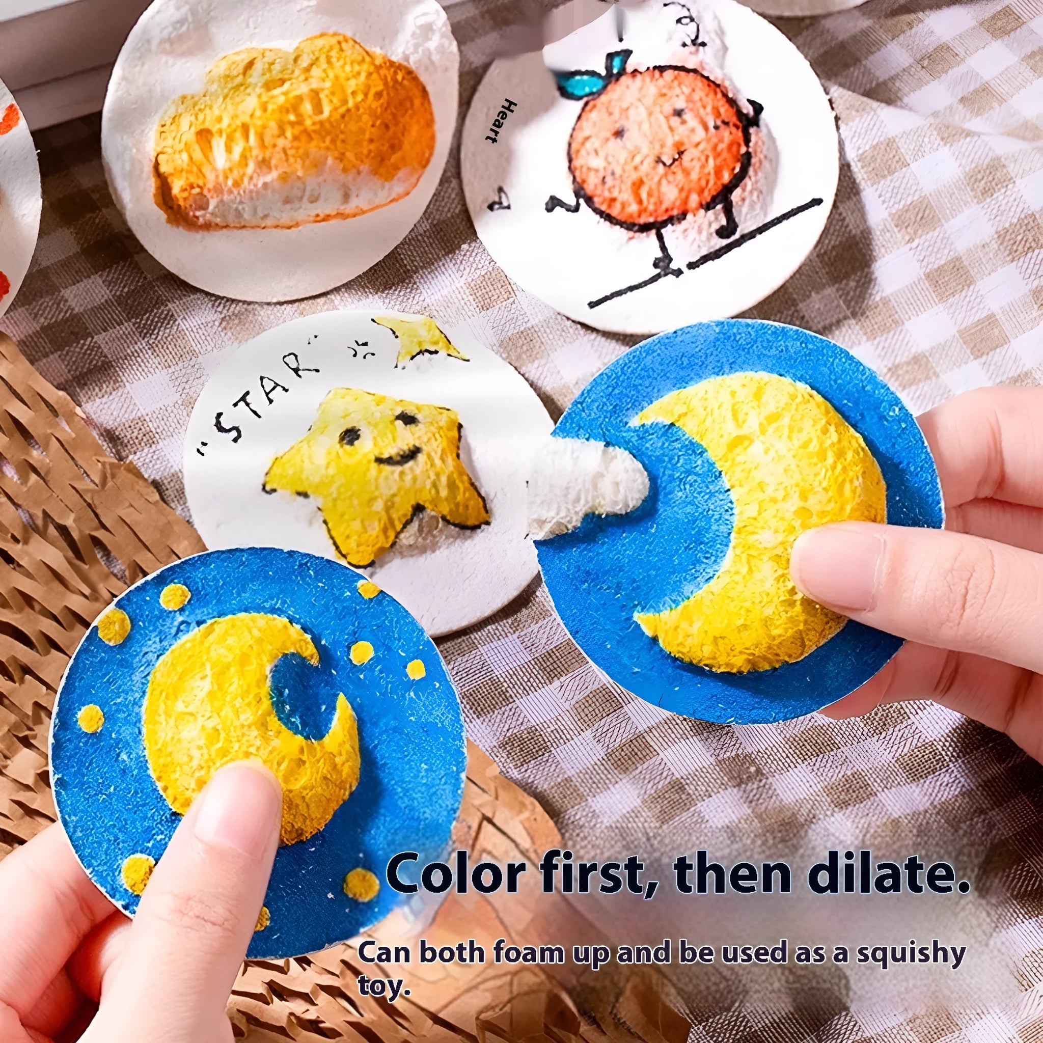 Cartoon-design wood pulp paper set for painting sponges, showing heart, round, and square shapes with fountain pens.