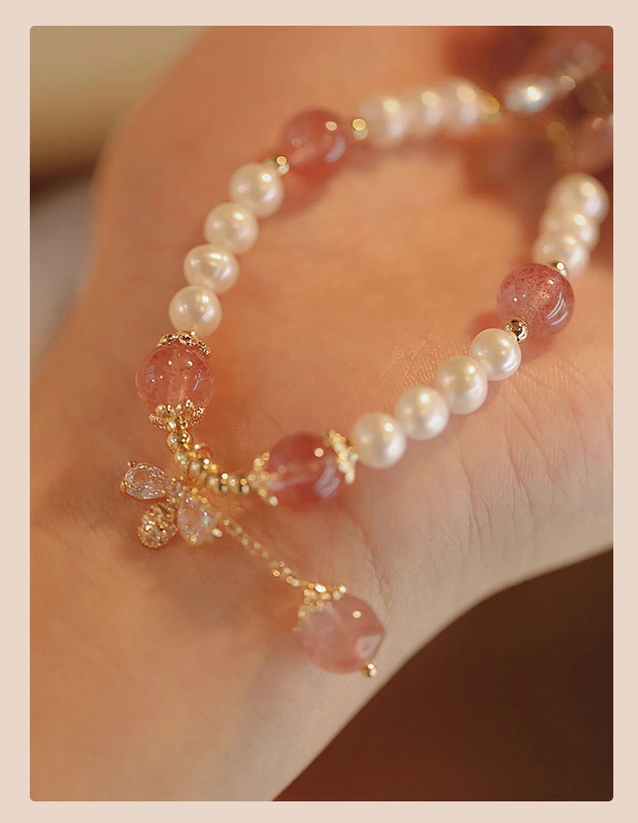 Crystal strawberry quartz stringed pearls bracelet with bow for women summer INS style