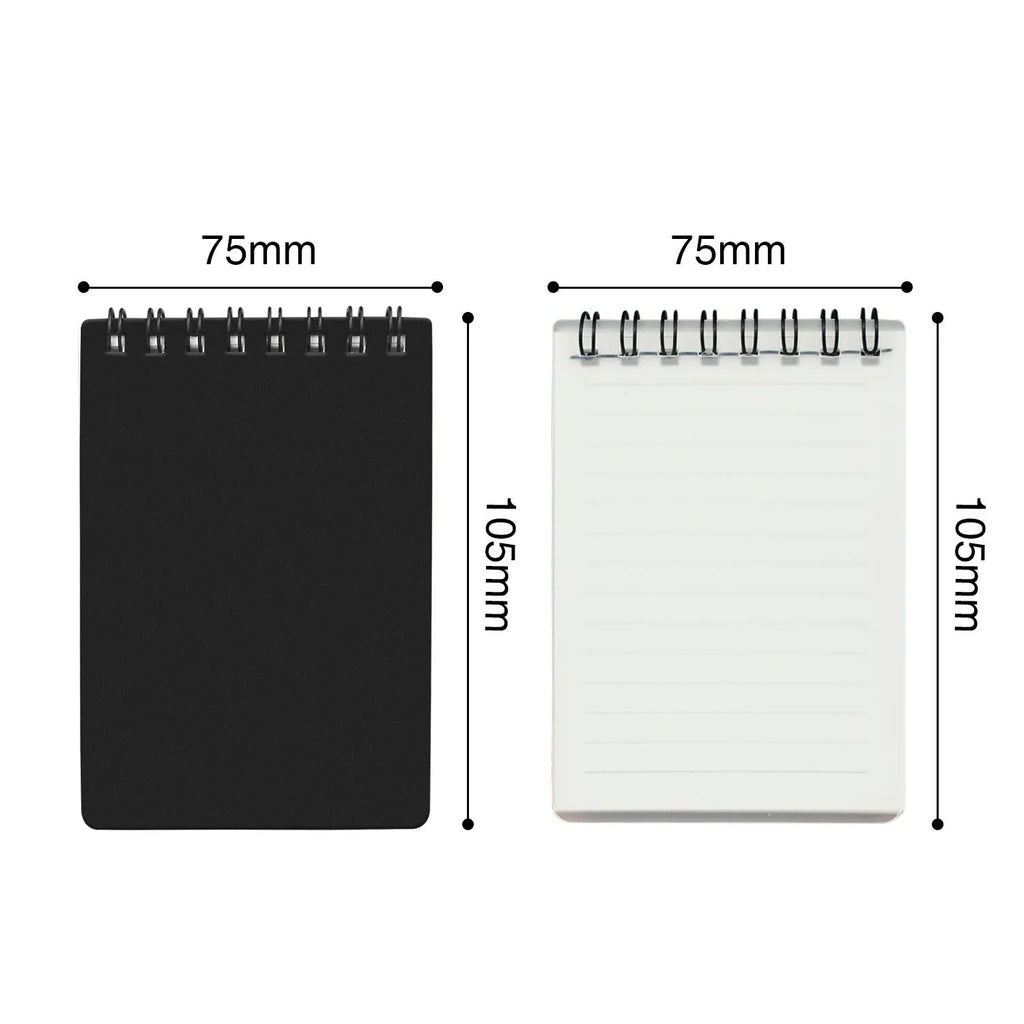 Business Intelligence Notepad with spiral binding, black white transparent PP cover, 105x75mm paper, pen and rag included