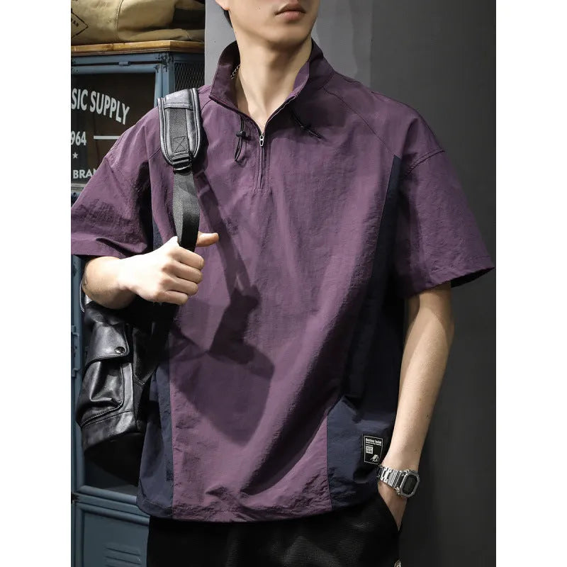 Men's brown half-zip stand collar business shirt with short sleeves and loose fit