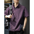 Men's brown half-zip stand collar business shirt with short sleeves and loose fit
