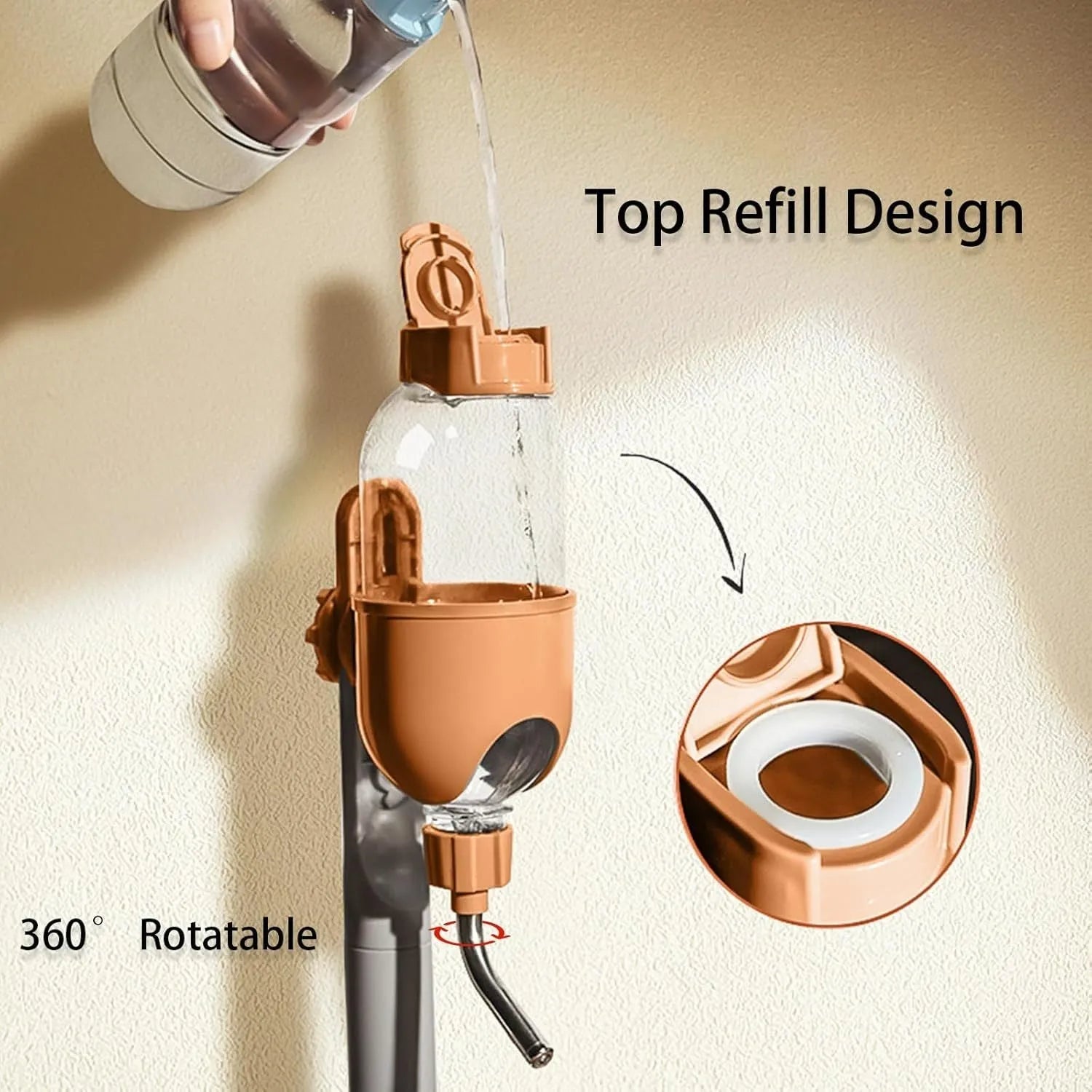 Blue small animal water bottle with 360° rotatable nozzle mounted on cage