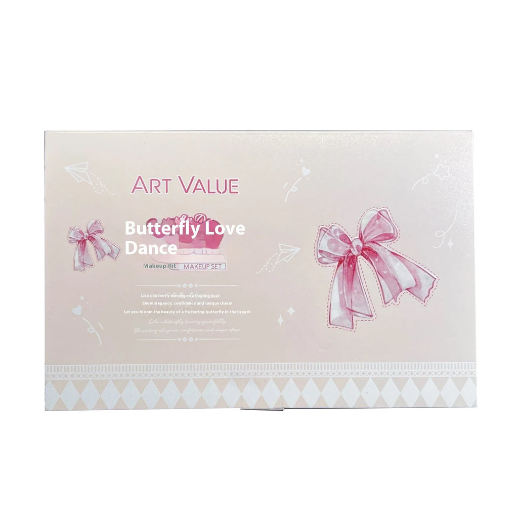 Butterfly Box makeup set showing lip mud containers, powder blusher compact, and necklace accessory with pink packaging
