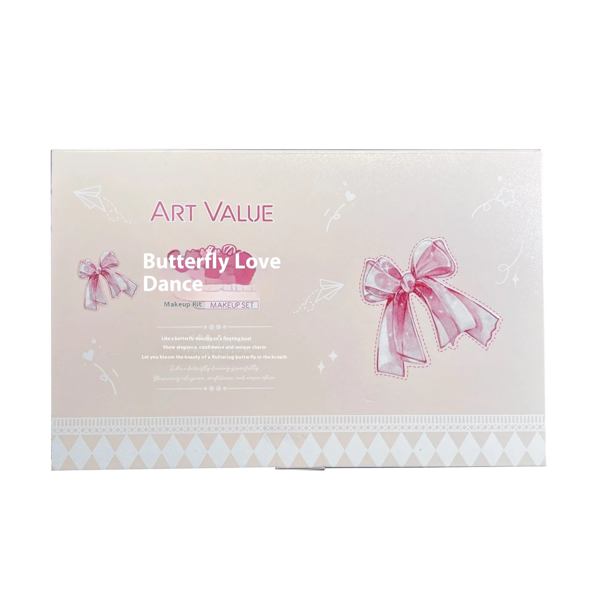 Butterfly Box makeup set showing lip mud containers, powder blusher compact, and necklace accessory with pink packaging