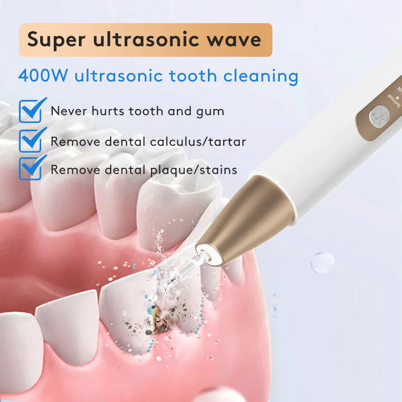 Gold handheld ultrasonic tooth cleaning device for removing tartar and stains