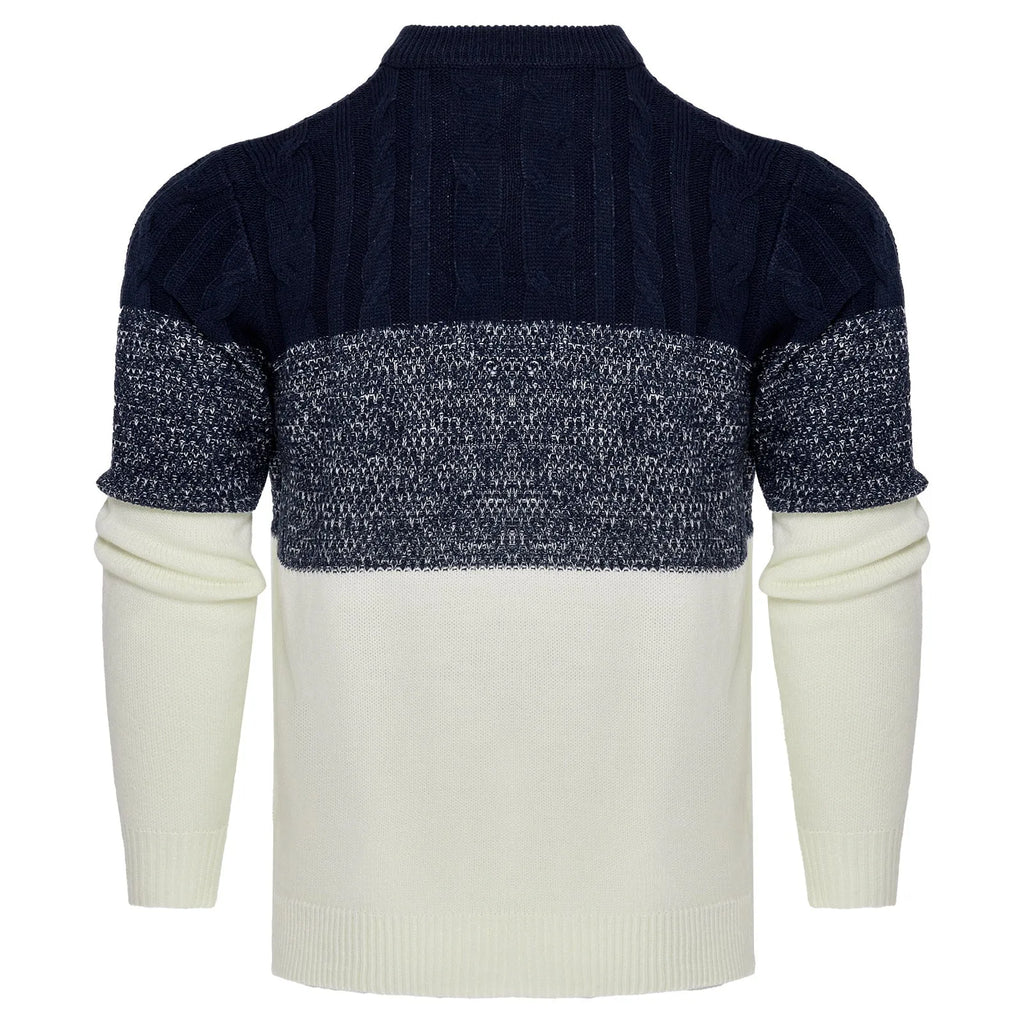 Men's grey knitted long-sleeve pullover sweater for winter, shown on a model.