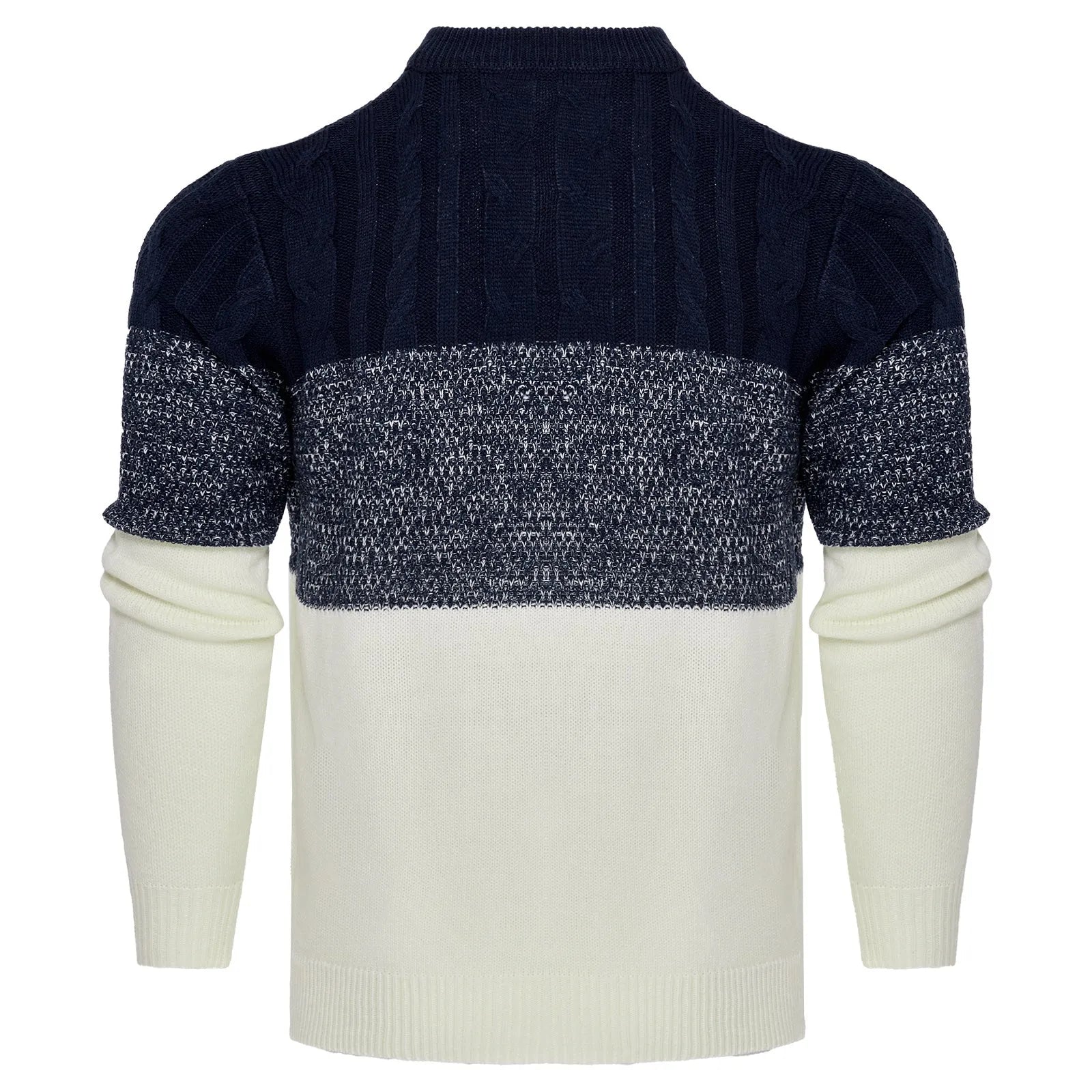 Men's grey knitted long-sleeve pullover sweater for winter, shown on a model.