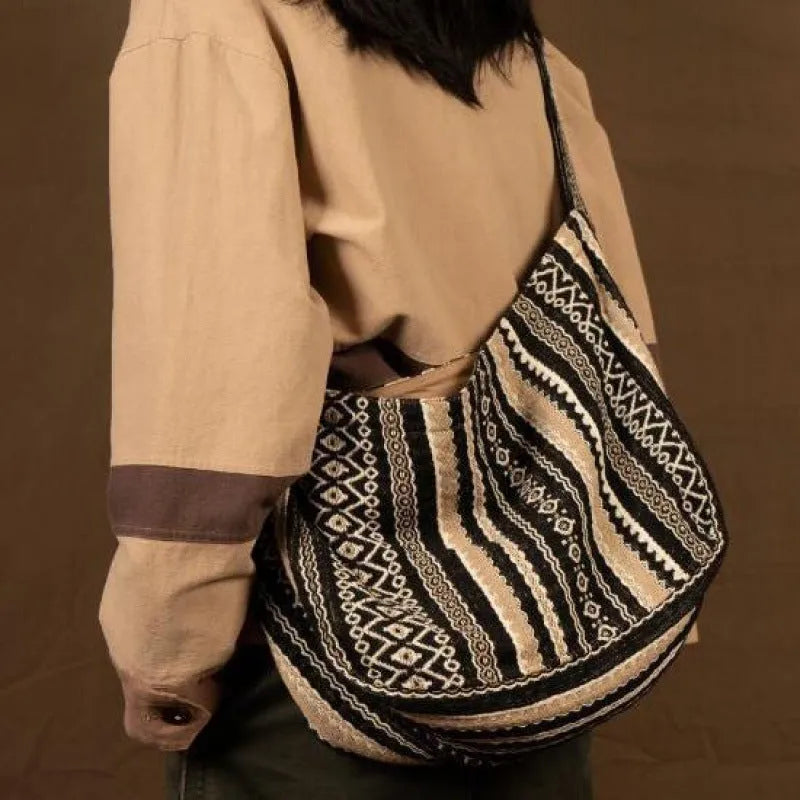 Retro striped cotton corduroy messenger bag with adjustable plaid strap and front zipper