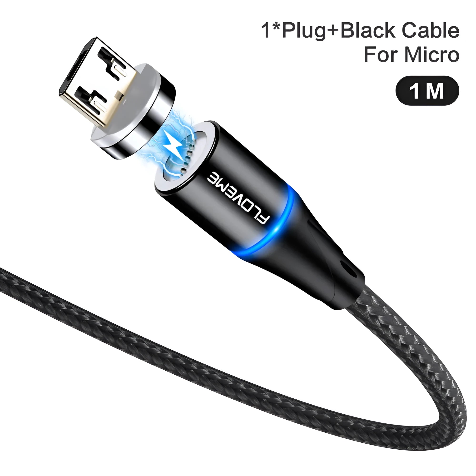 Black magnetic data cable with USB-C connector and side LED light, laid flat next to its aluminium foil packaging.