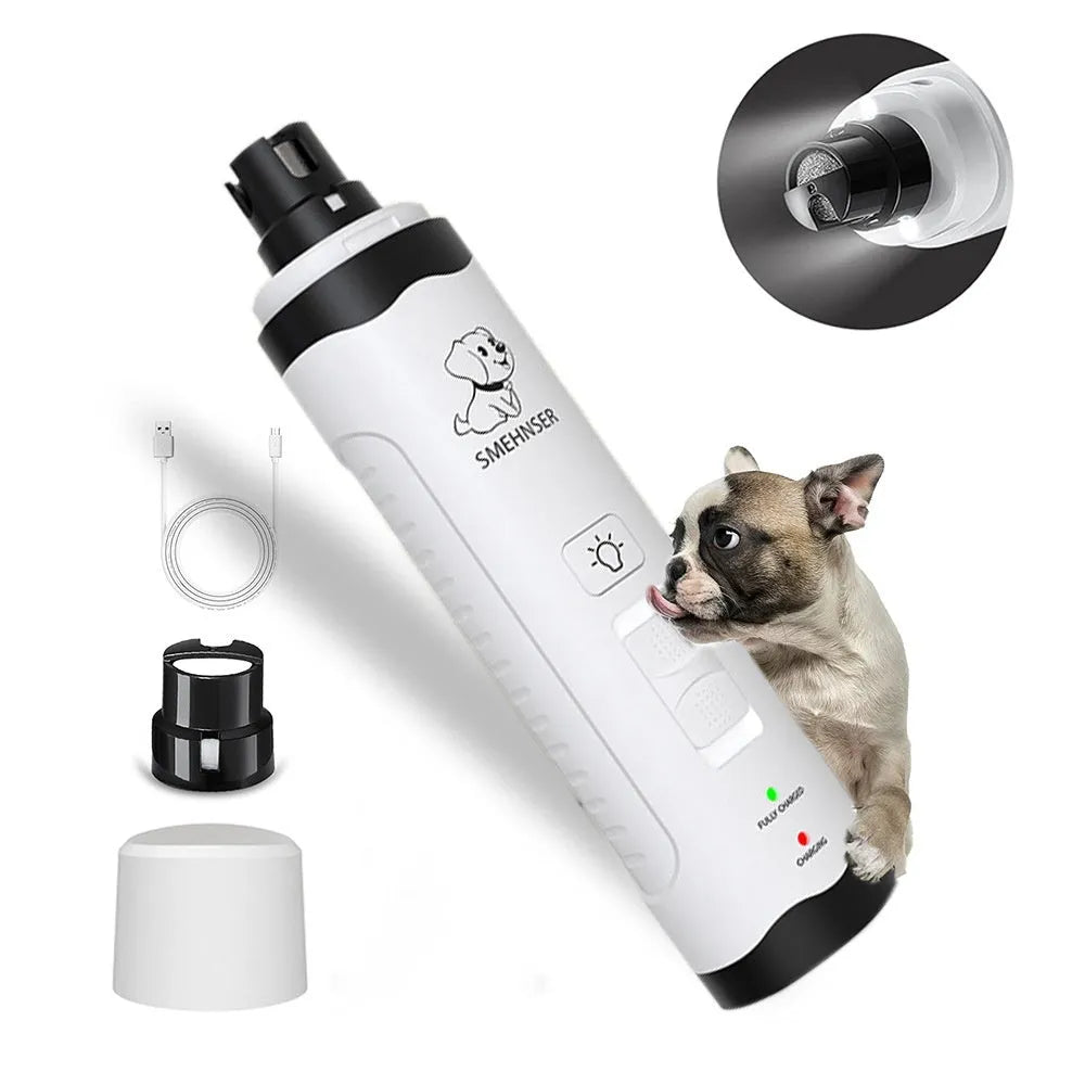 Electric dog nail grinder device with LED display showing speed settings and dust collection port