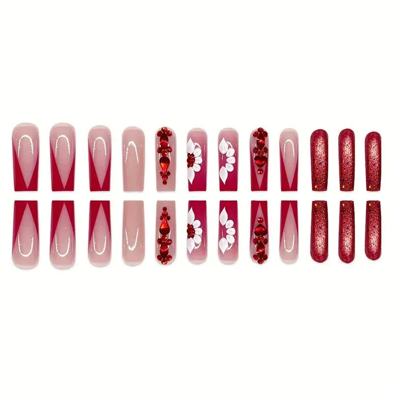Press-on false nails with sweet floral patterns and red diamond accents in European Square long style
