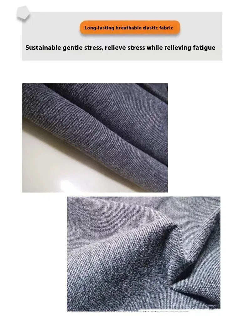 Heather grey dog anxiety vest made from brocade cotton ponte-de-roma, showing sizing from XXS to XXL.