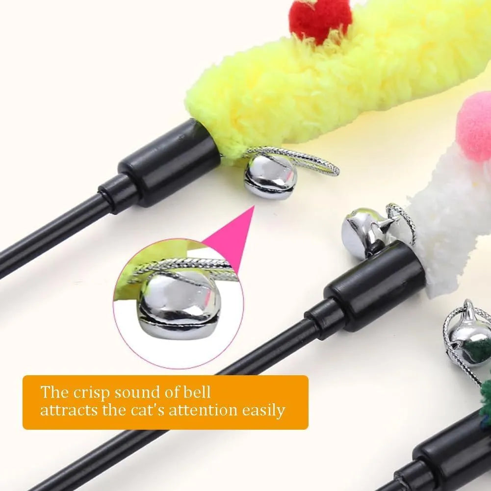 Blue interactive cat teaser wand with long plush strip and fluffy bell ball.