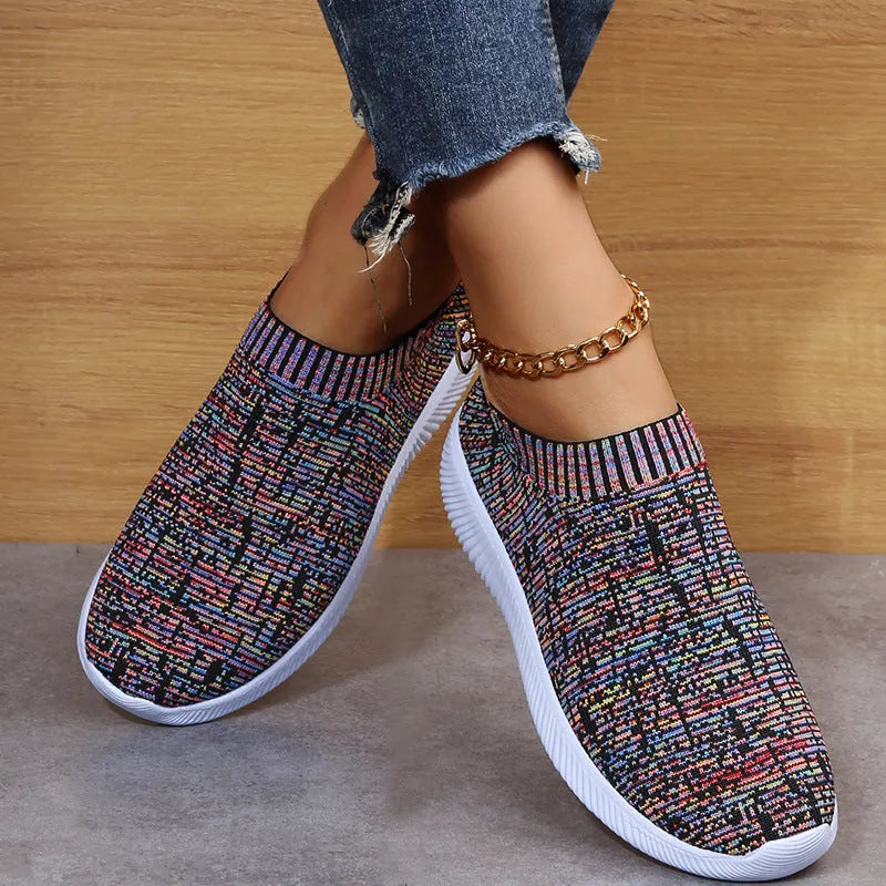Unisex stripe knit sock shoes in white with low-top design and EVA sole for running and walking